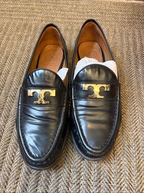 Tory Burch Black Leather Loafers with Gold Logo Hardware
